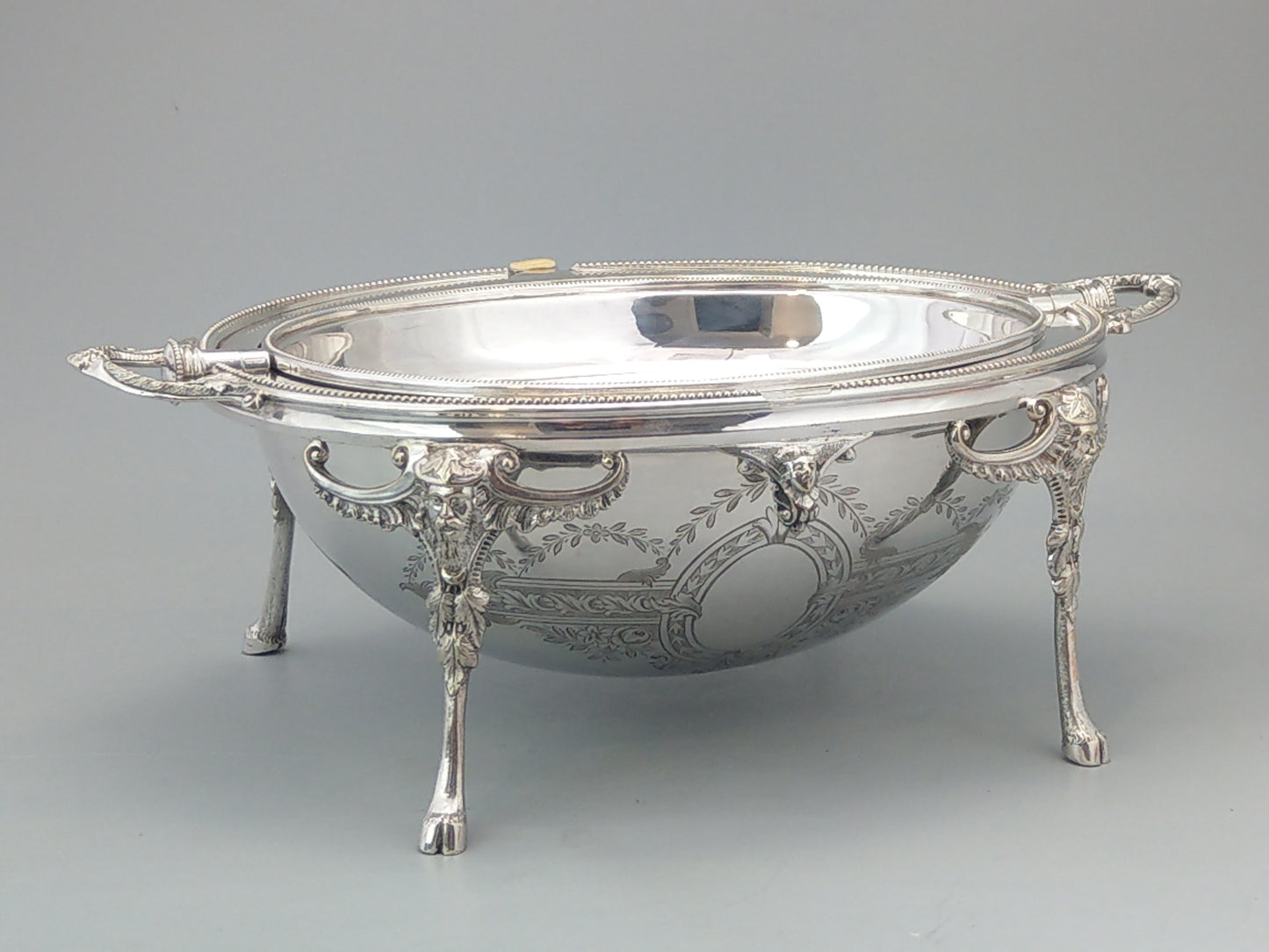 Antique Revolving Lid Dish Serving Dish Green man and hoof-shaped feet Silverplate by William Hutton & Sons