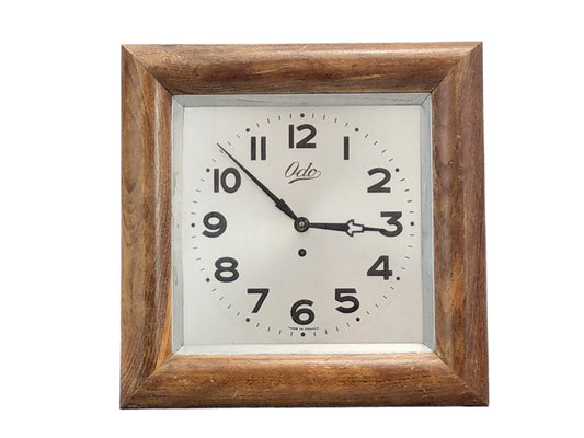 Large Wall Clock by Odo, Art Deco, in a Square Wooden Frame with a Silver Dial and Black Hands