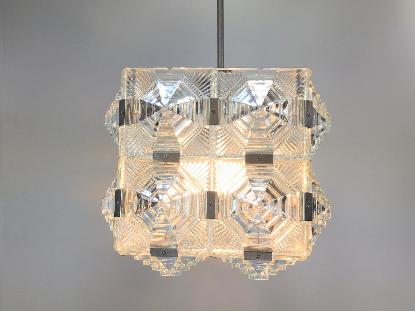 Vintage Cubic Clear Pressed Glass Pendant Ceiling Kamenicky Senov