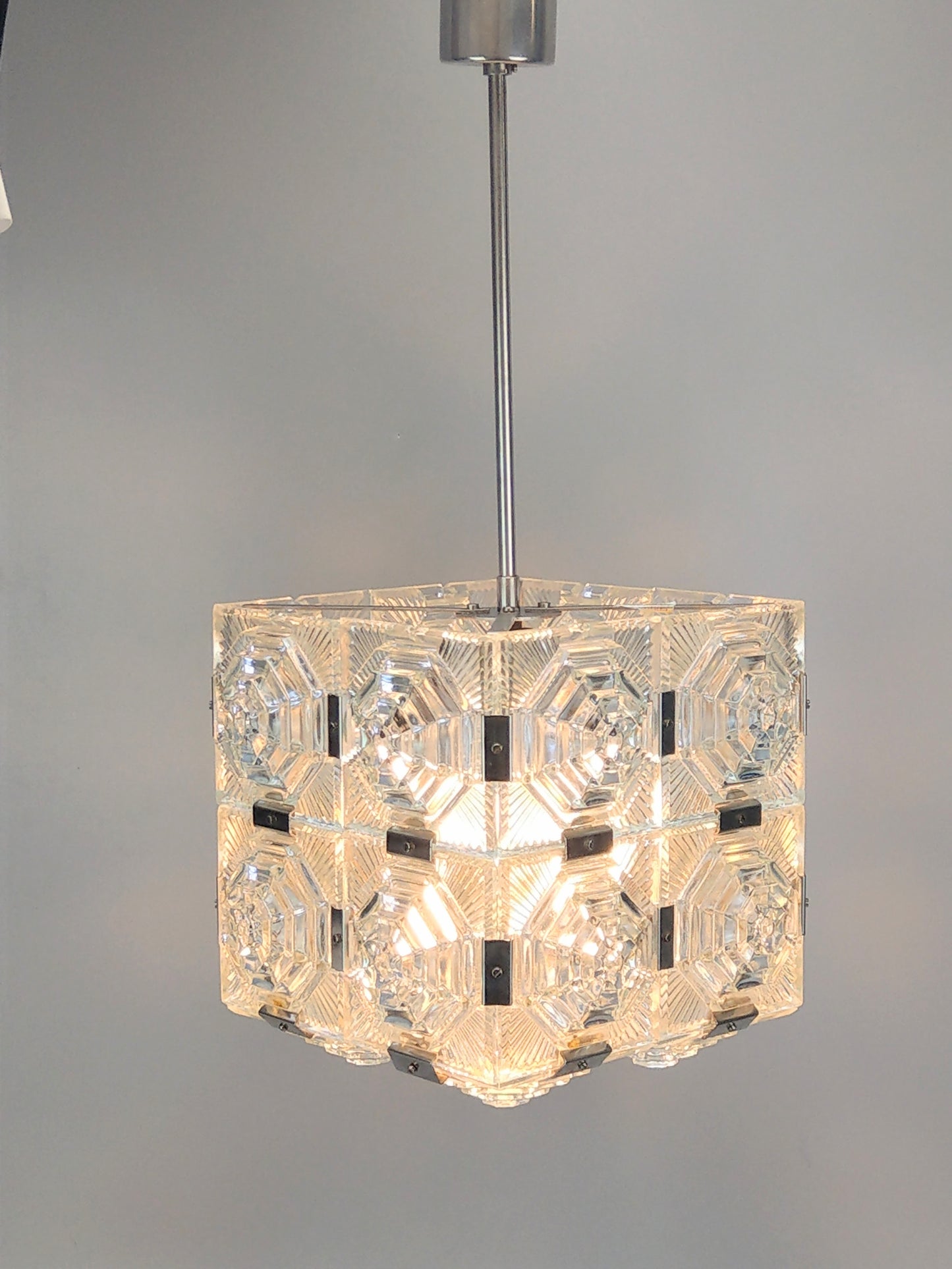 Vintage Cubic Clear Pressed Glass Pendant Ceiling Kamenicky Senov