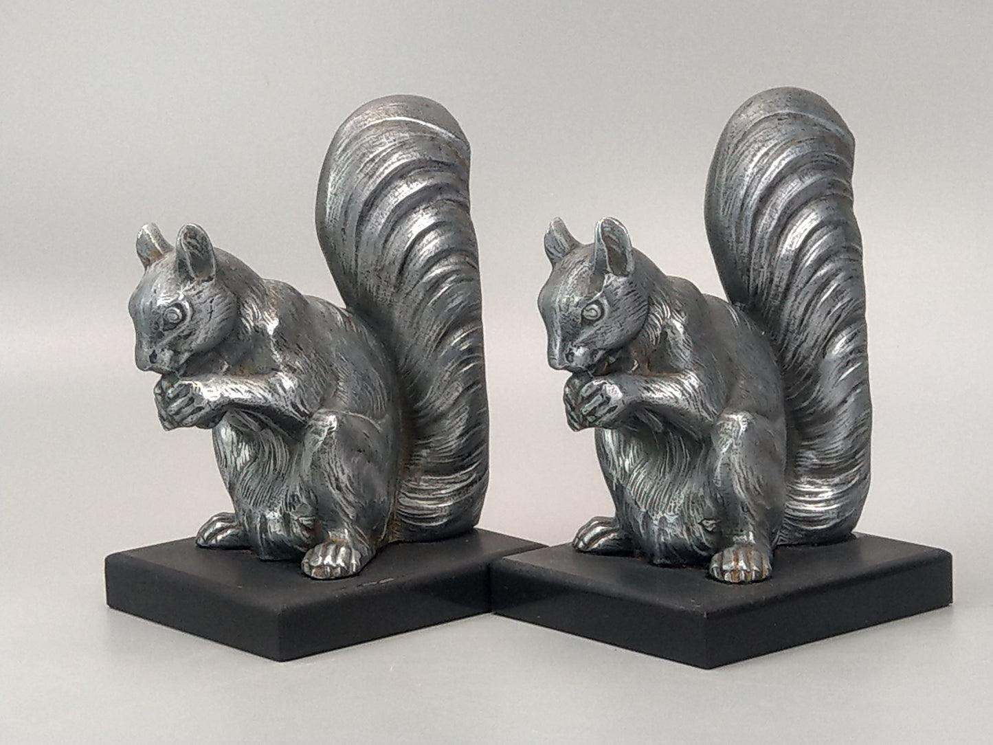 French Art Deco silver squirrel bookends slate base