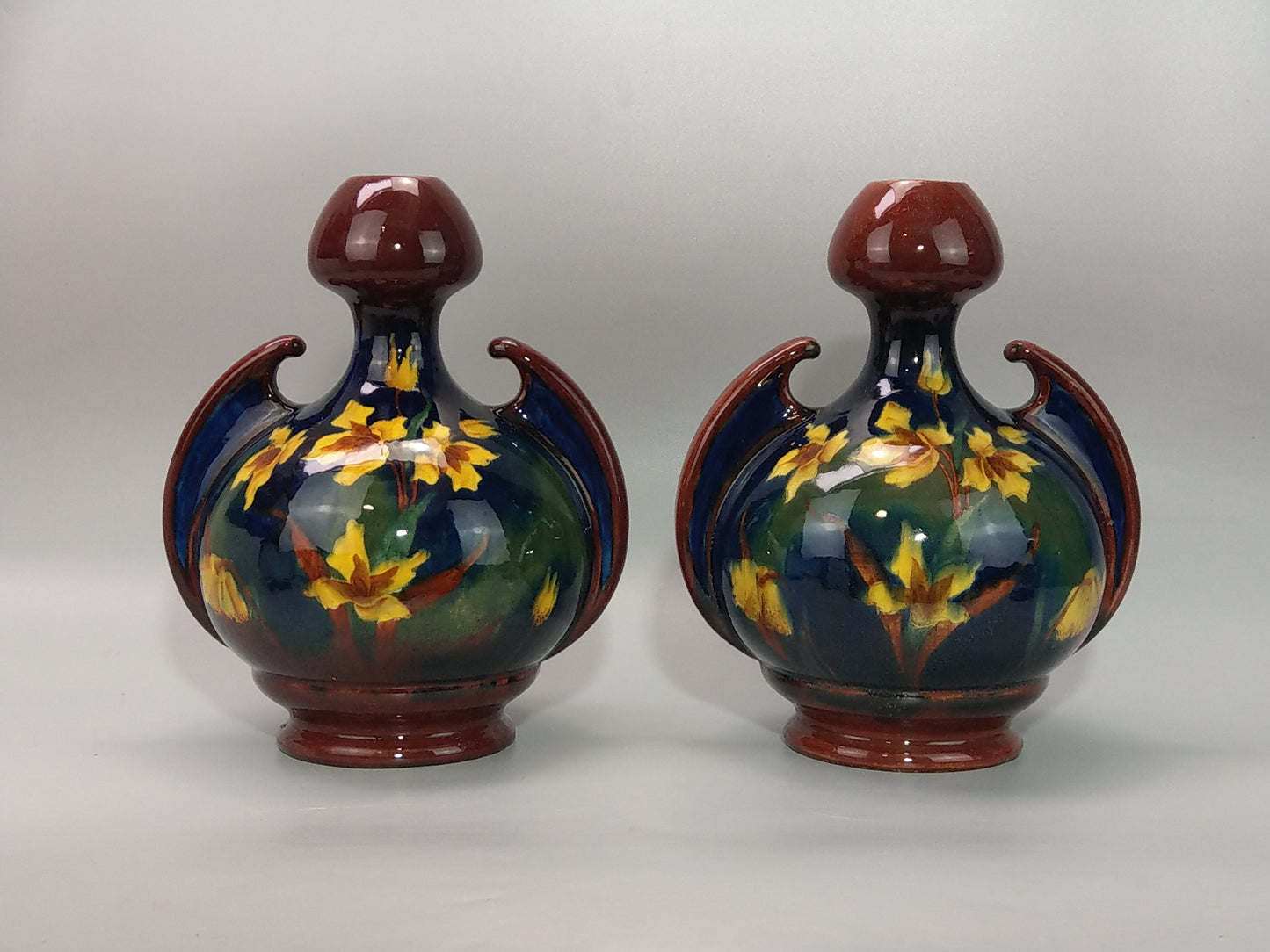 A Pair of Large Austrian Old Moravian Pottery Vases with Daffodils