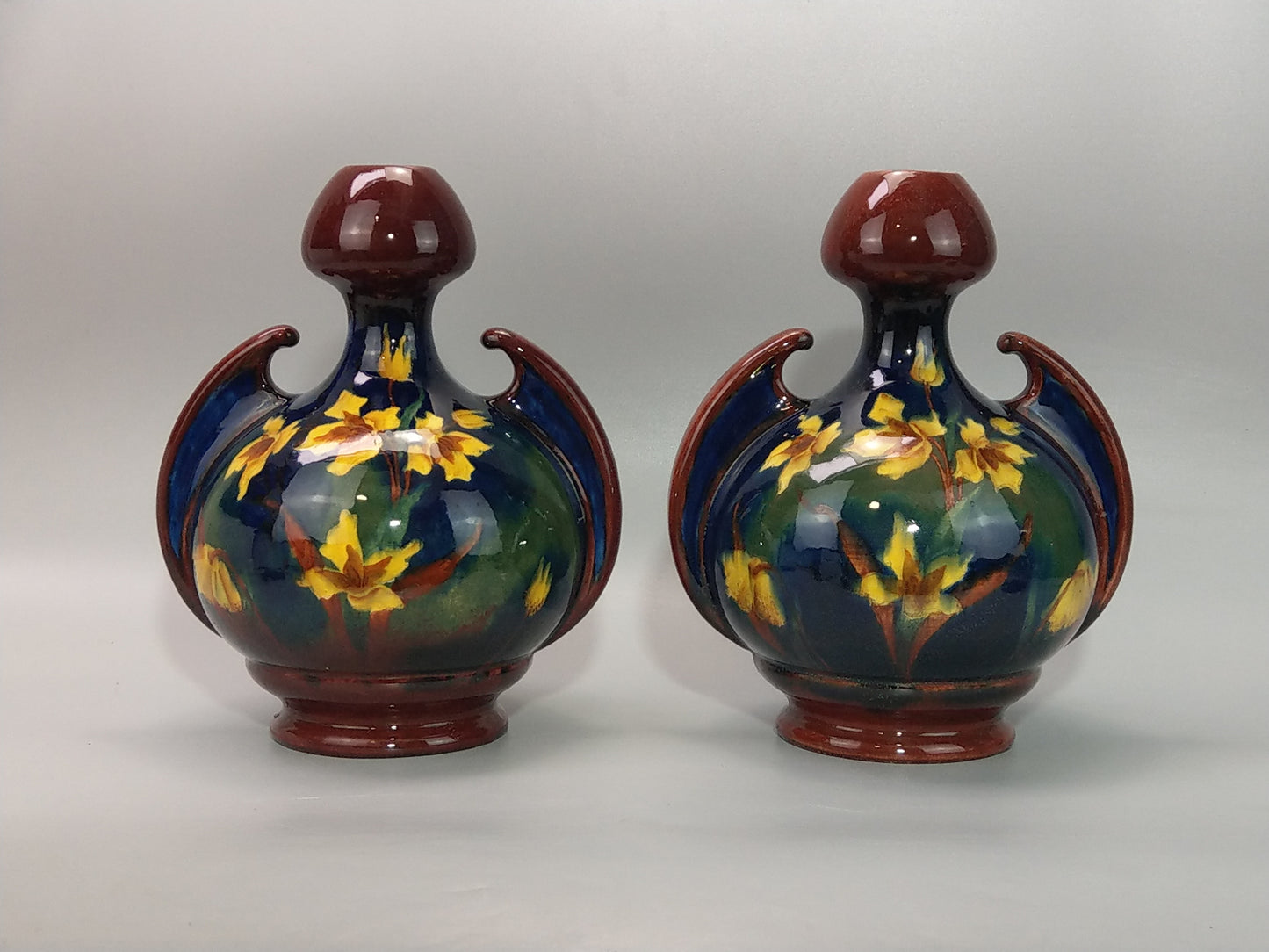 A Pair of Large Austrian Old Moravian Pottery Vases with Daffodils