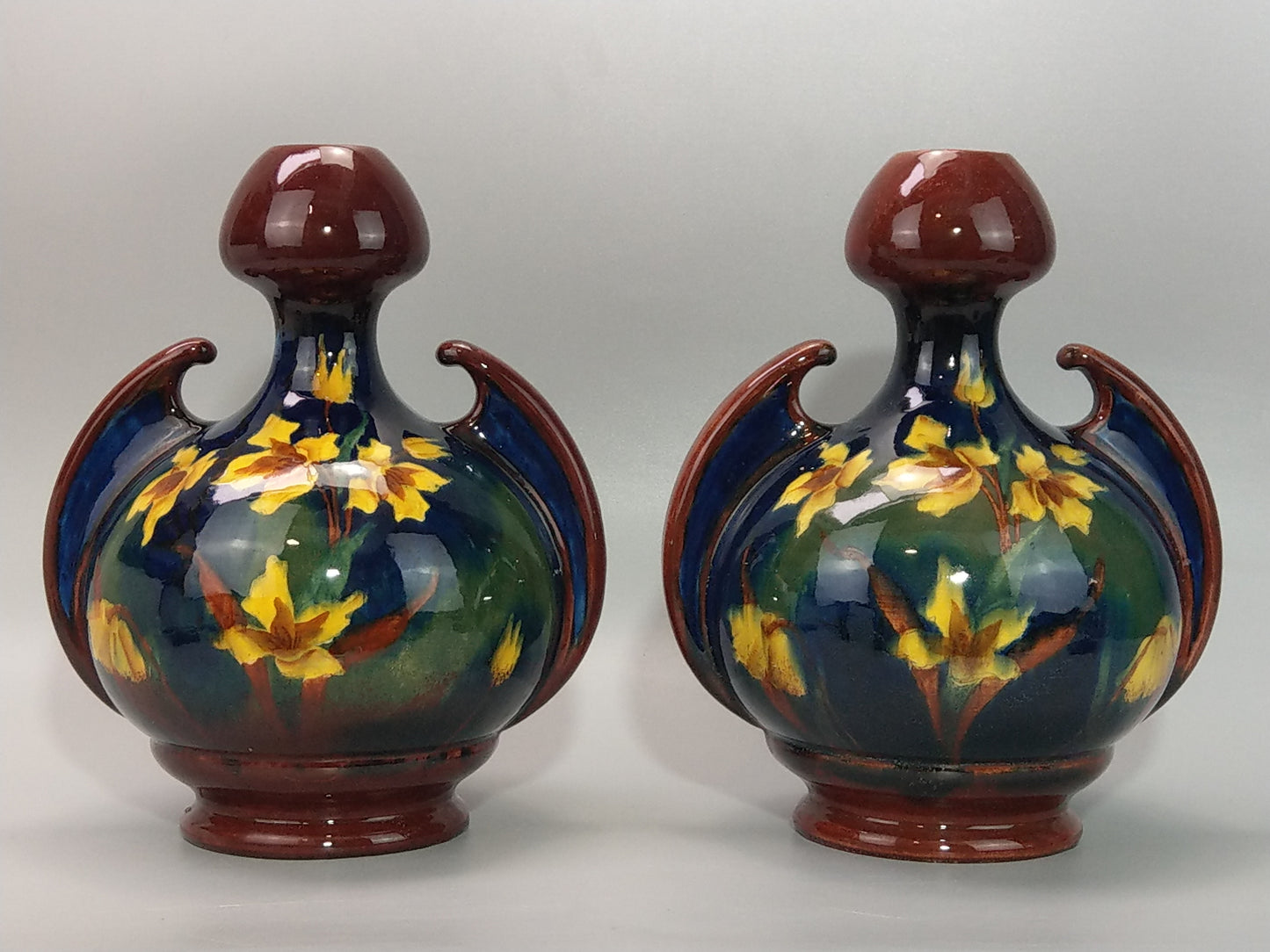 A Pair of Large Austrian Old Moravian Pottery Vases with Daffodils