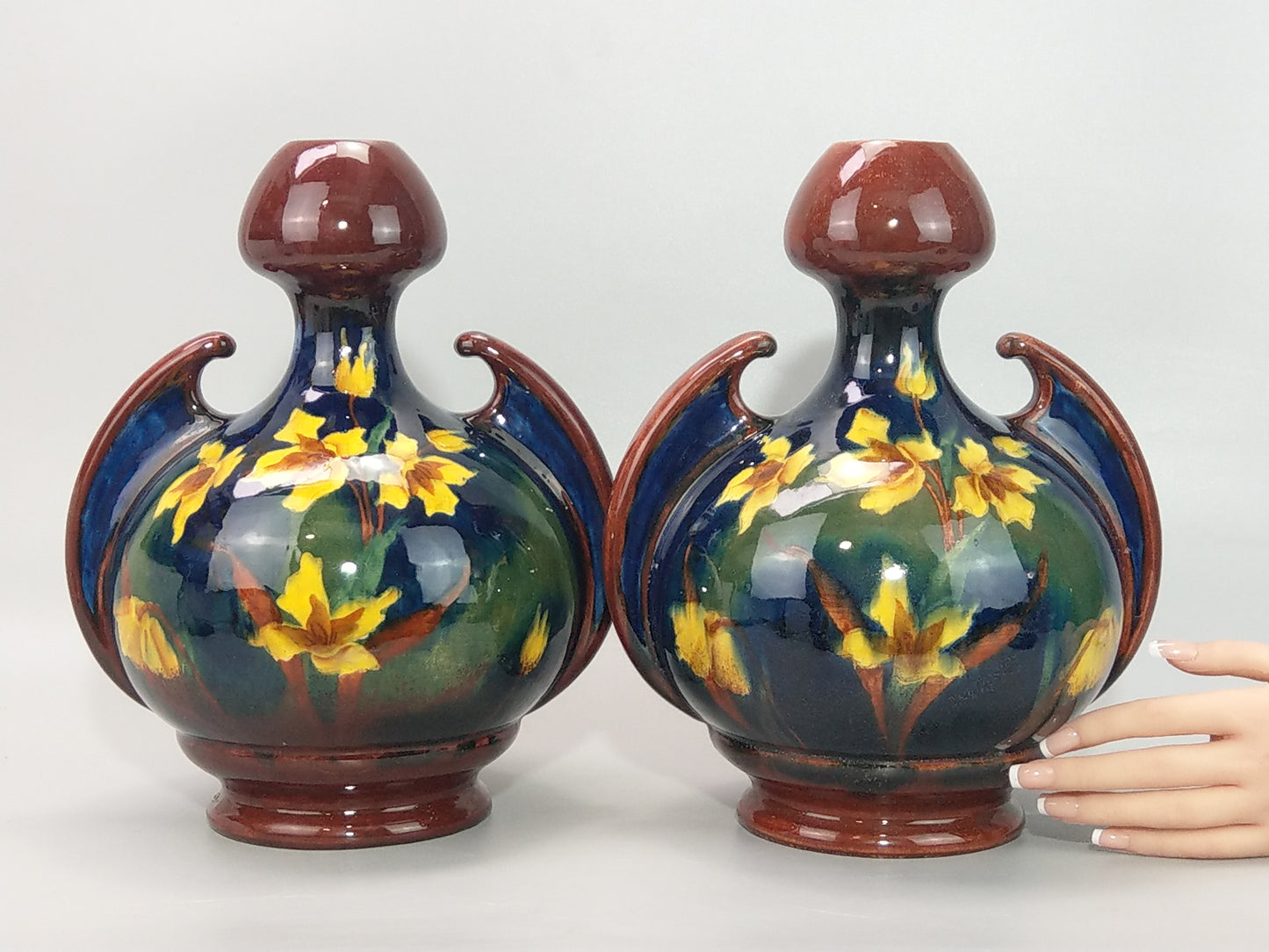 A Pair of Large Austrian Old Moravian Pottery Vases with Daffodils