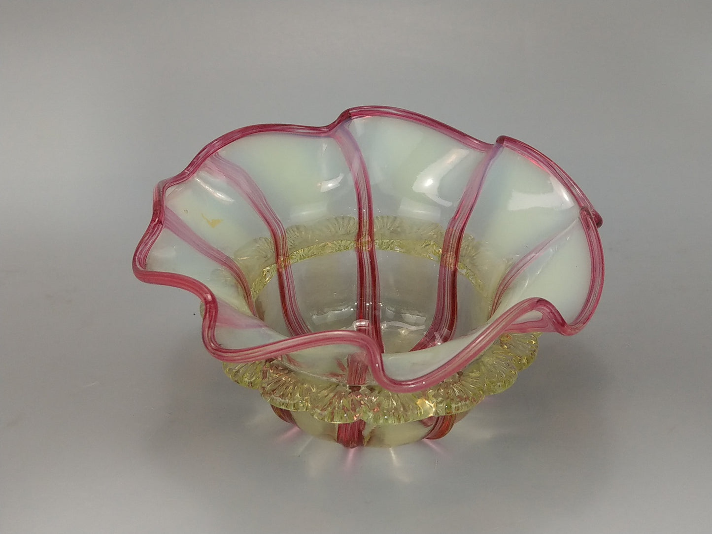 Stourbridge Vaseline and Cranberry Candystripe Glass Bowl