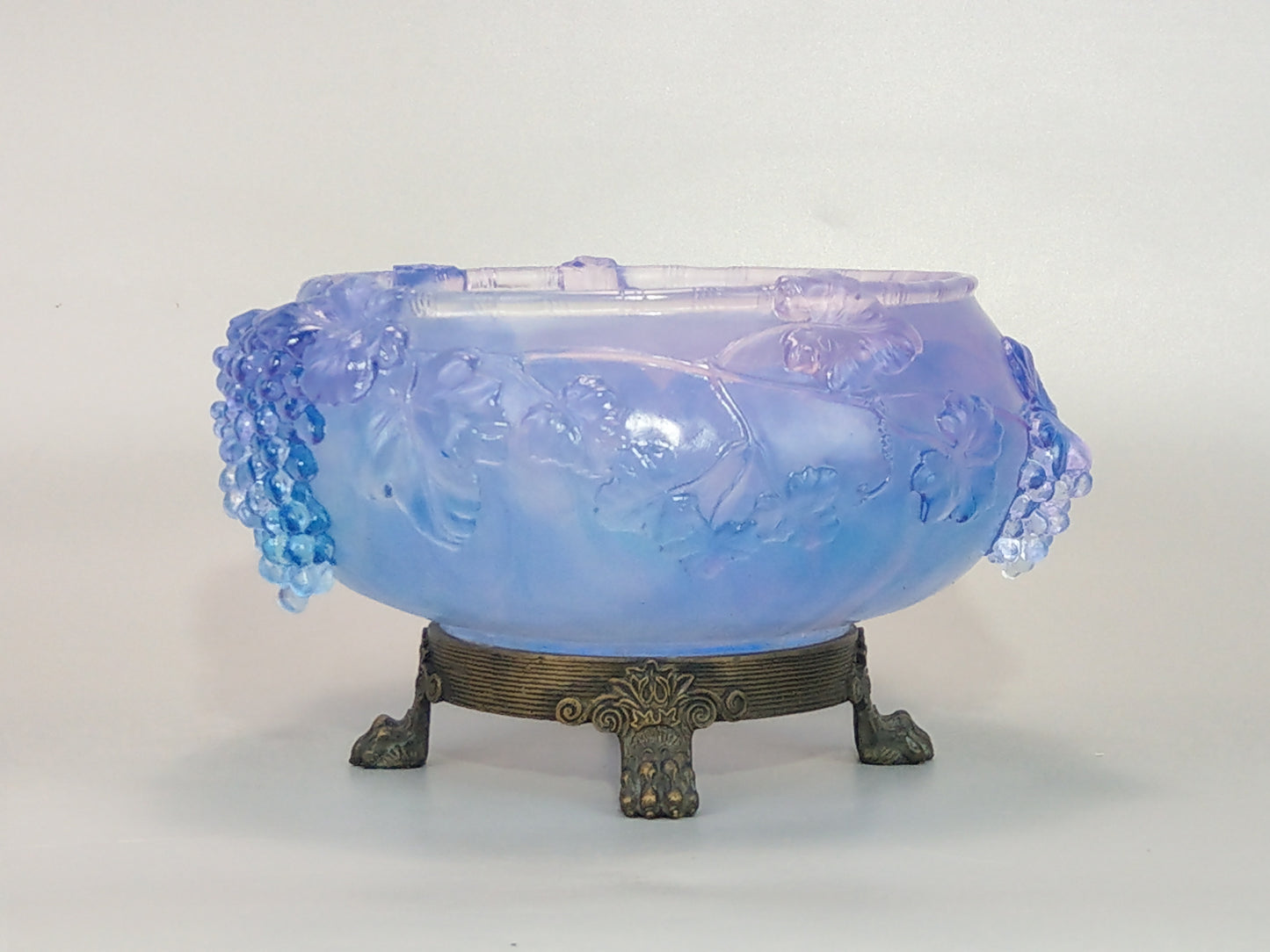 Pale Indigo Glass Bowl with Grapevine Motif on Brass Lion Feet, Pâte de Verre by I. Roubloff