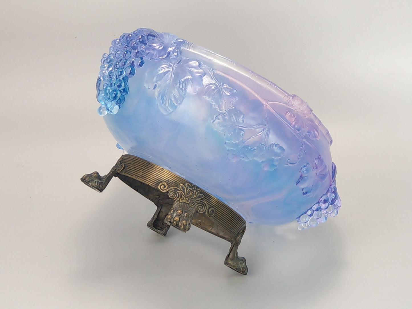 Pale Indigo Glass Bowl with Grapevine Motif on Brass Lion Feet, Pâte de Verre by I. Roubloff