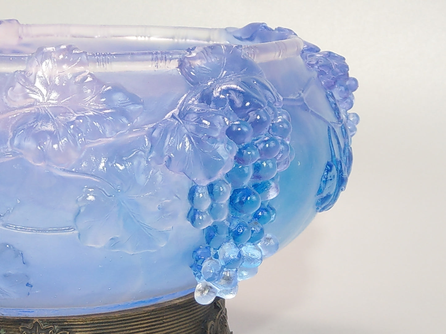 Pale Indigo Glass Bowl with Grapevine Motif on Brass Lion Feet, Pâte de Verre by I. Roubloff