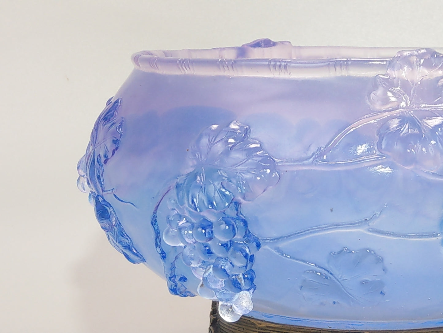 Pale Indigo Glass Bowl with Grapevine Motif on Brass Lion Feet, Pâte de Verre by I. Roubloff