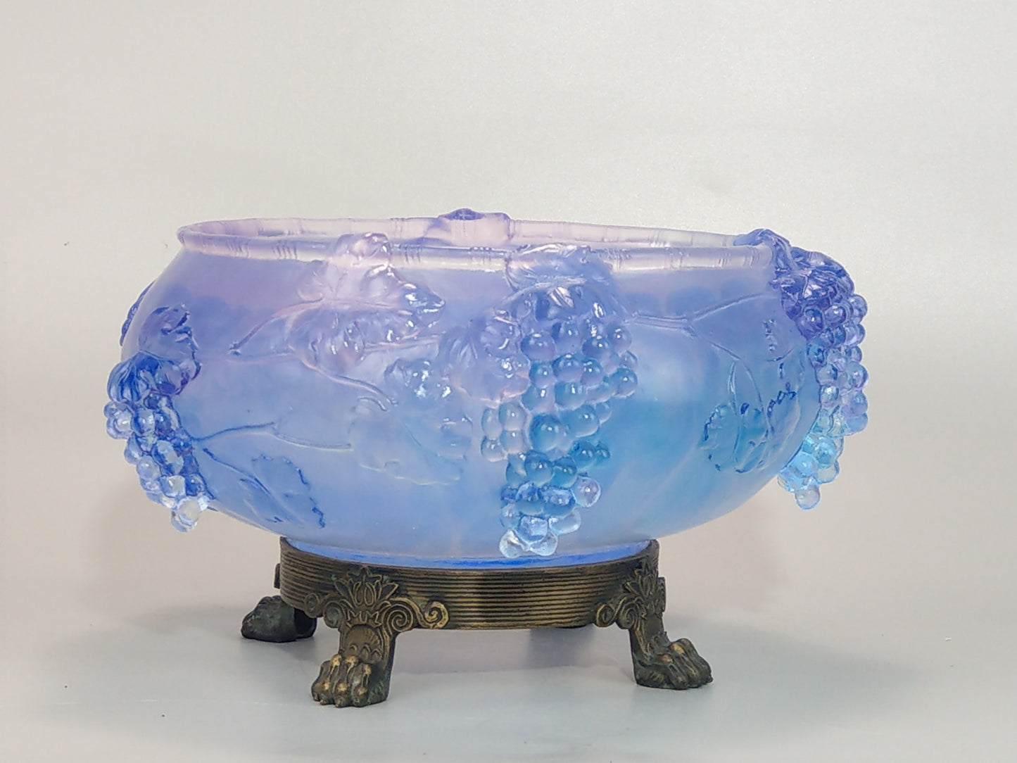 Pale Indigo Glass Bowl with Grapevine Motif on Brass Lion Feet, Pâte de Verre by I. Roubloff