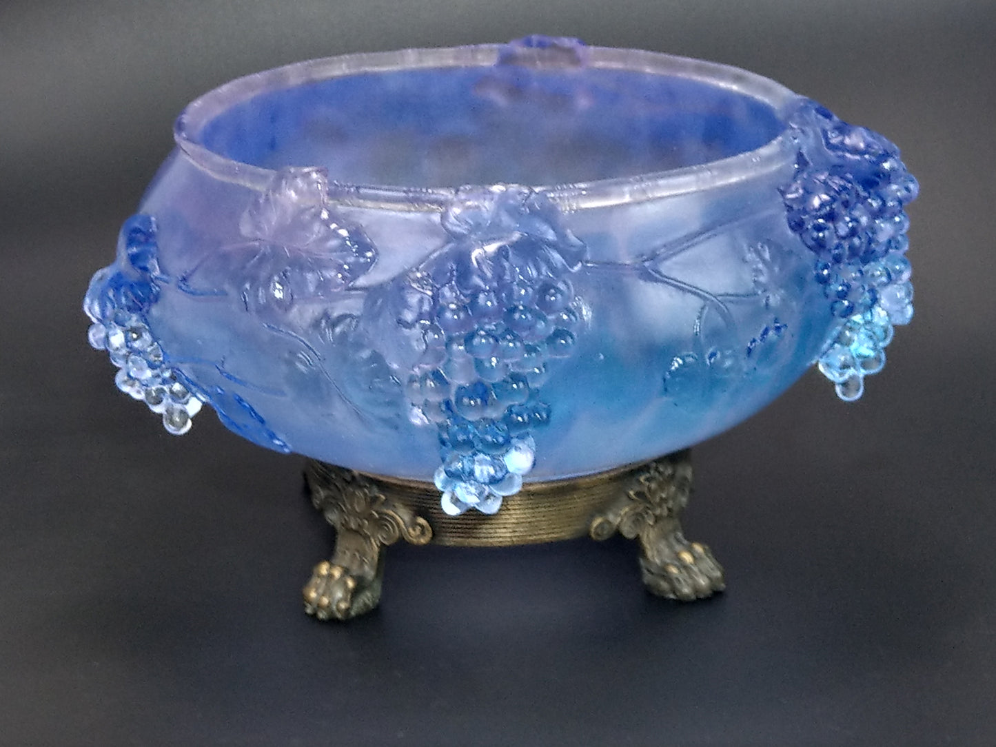 Pale Indigo Glass Bowl with Grapevine Motif on Brass Lion Feet, Pâte de Verre by I. Roubloff