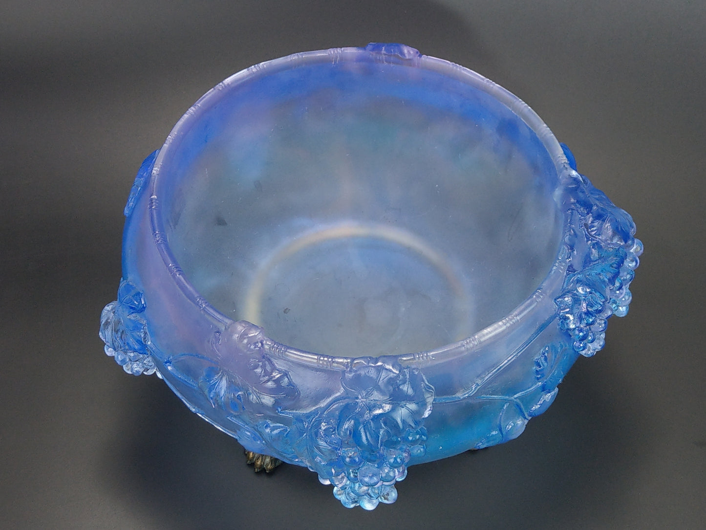 Pale Indigo Glass Bowl with Grapevine Motif on Brass Lion Feet, Pâte de Verre by I. Roubloff