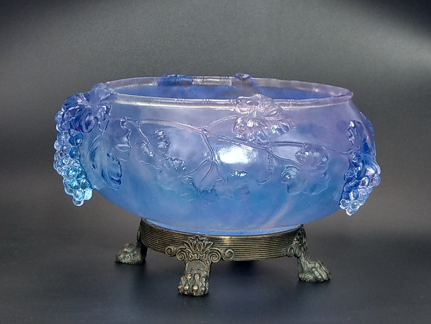 Pale Indigo Glass Bowl with Grapevine Motif on Brass Lion Feet, Pâte de Verre by I. Roubloff