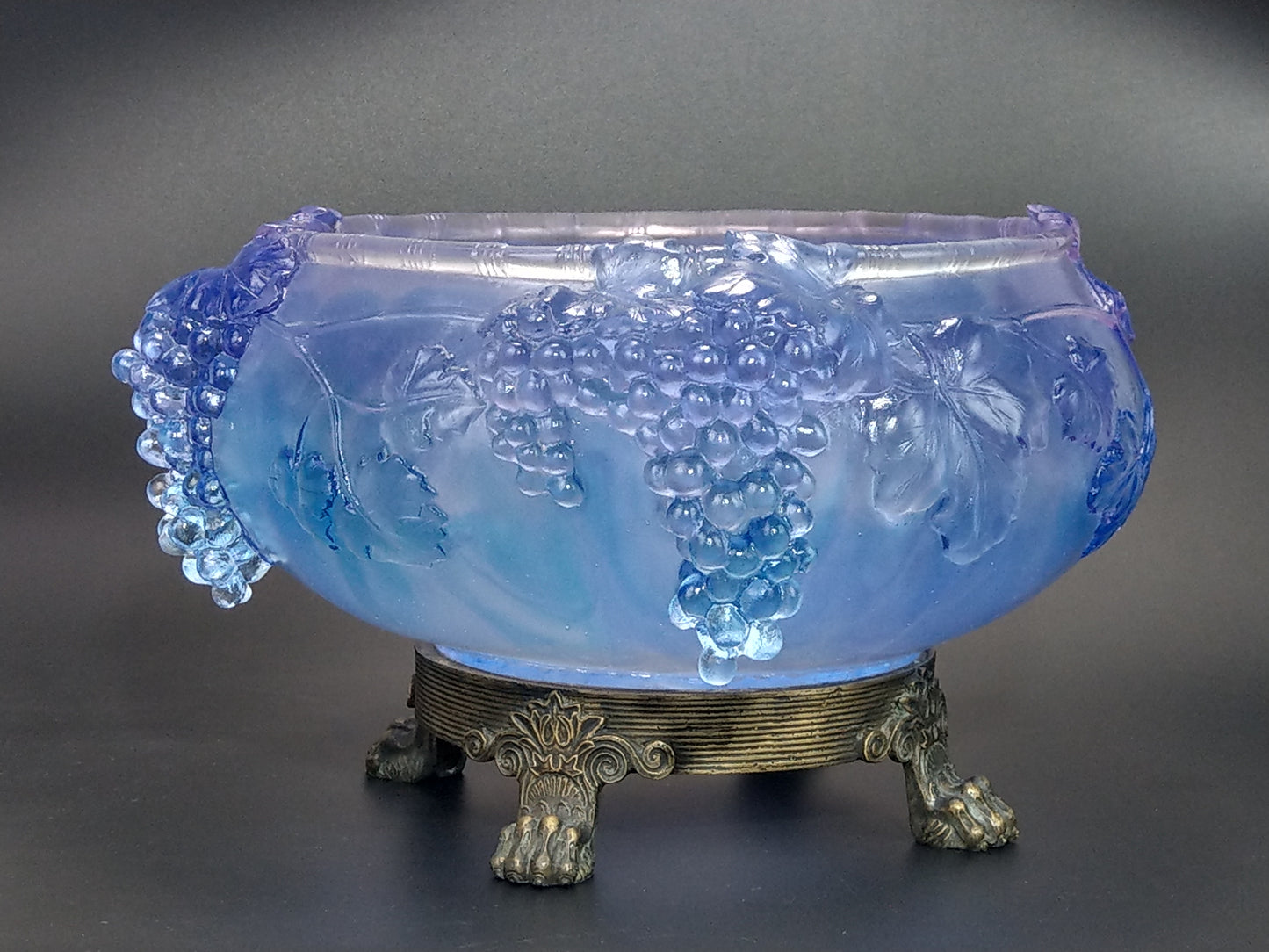 Pale Indigo Glass Bowl with Grapevine Motif on Brass Lion Feet, Pâte de Verre by I. Roubloff