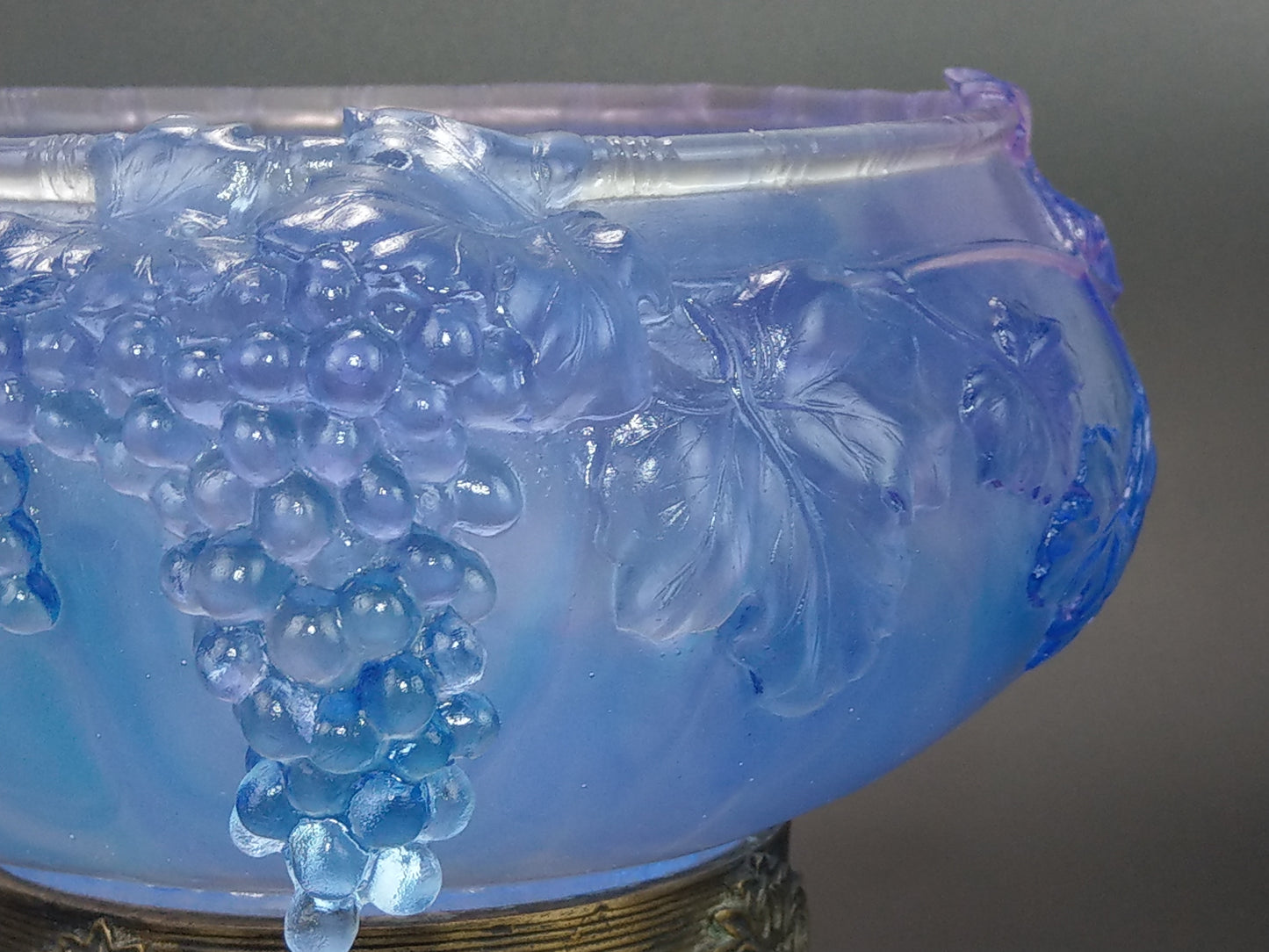 Pale Indigo Glass Bowl with Grapevine Motif on Brass Lion Feet, Pâte de Verre by I. Roubloff