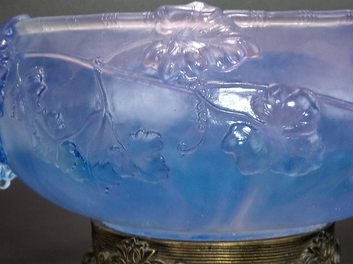 Pale Indigo Glass Bowl with Grapevine Motif on Brass Lion Feet, Pâte de Verre by I. Roubloff