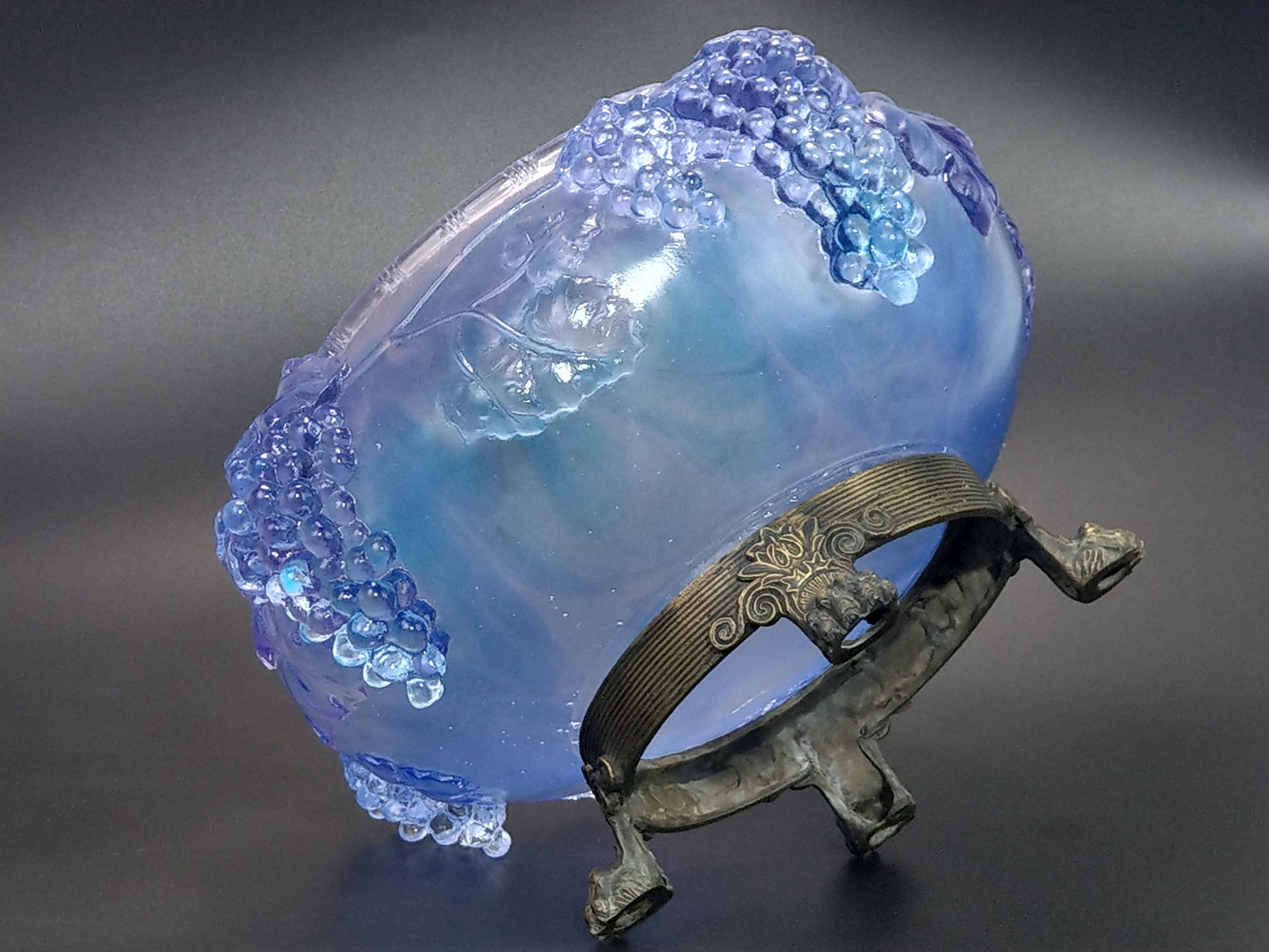 Pale Indigo Glass Bowl with Grapevine Motif on Brass Lion Feet, Pâte de Verre by I. Roubloff