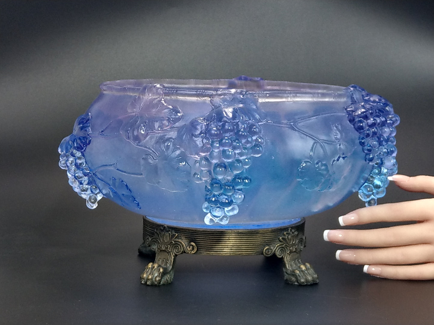 Pale Indigo Glass Bowl with Grapevine Motif on Brass Lion Feet, Pâte de Verre by I. Roubloff