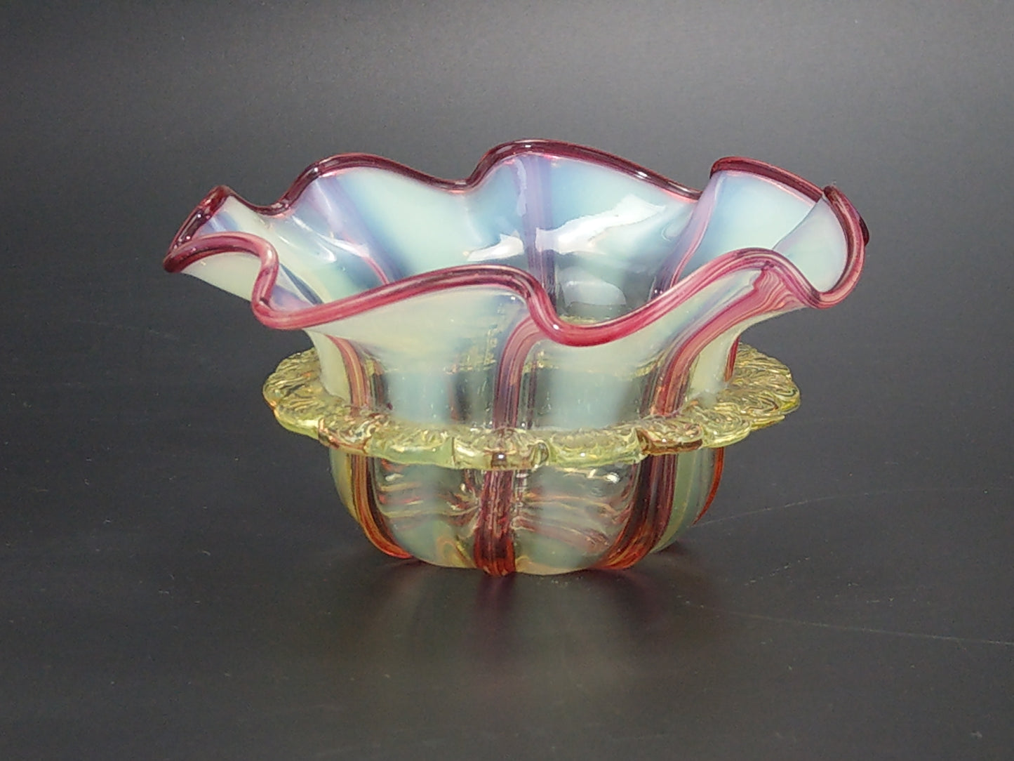 Stourbridge Vaseline and Cranberry Candystripe Glass Bowl