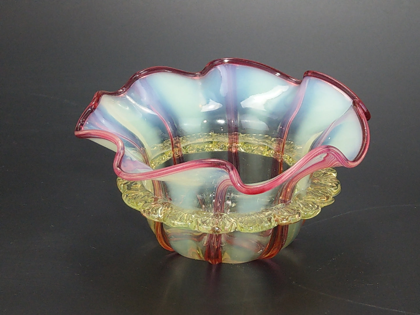 Stourbridge Vaseline and Cranberry Candystripe Glass Bowl