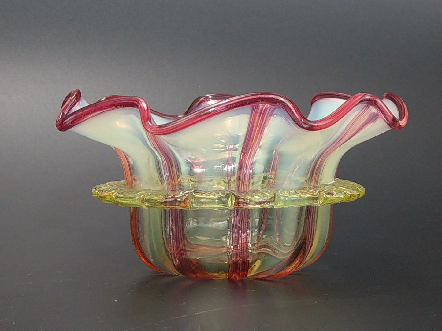 Stourbridge Vaseline and Cranberry Candystripe Glass Bowl