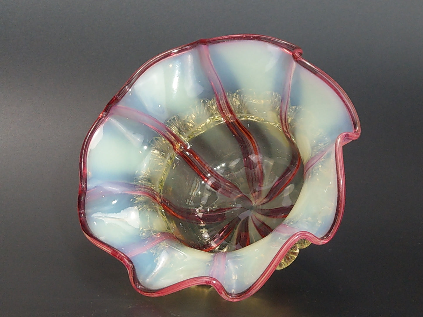 Stourbridge Vaseline and Cranberry Candystripe Glass Bowl