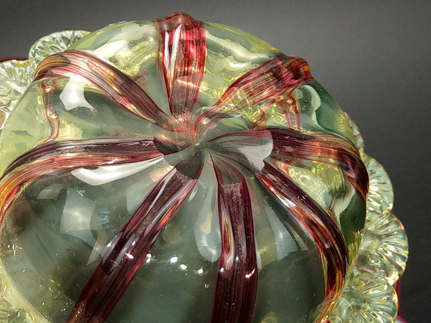 Stourbridge Vaseline and Cranberry Candystripe Glass Bowl