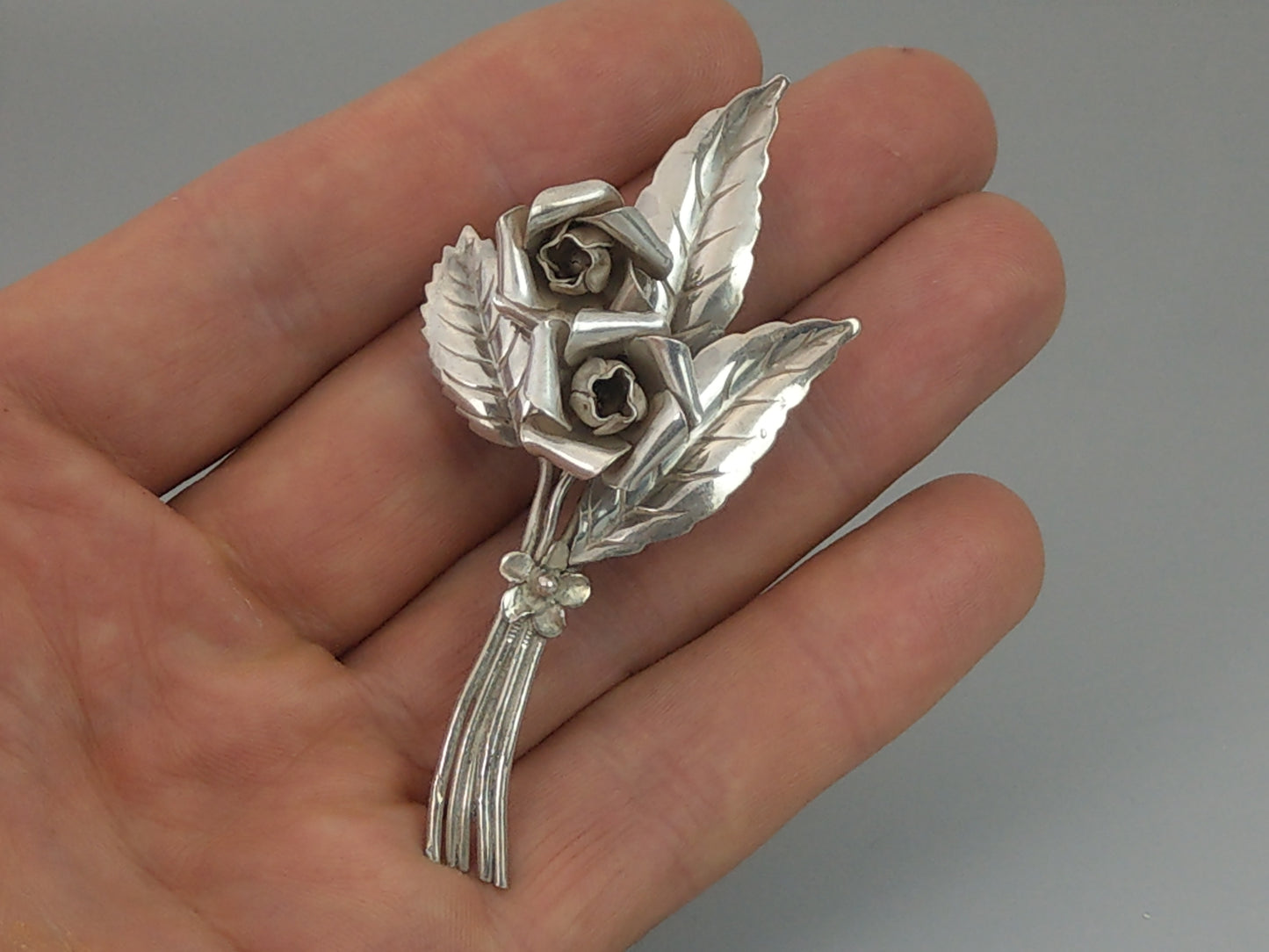 Large Sterling Silver Roses Brooch