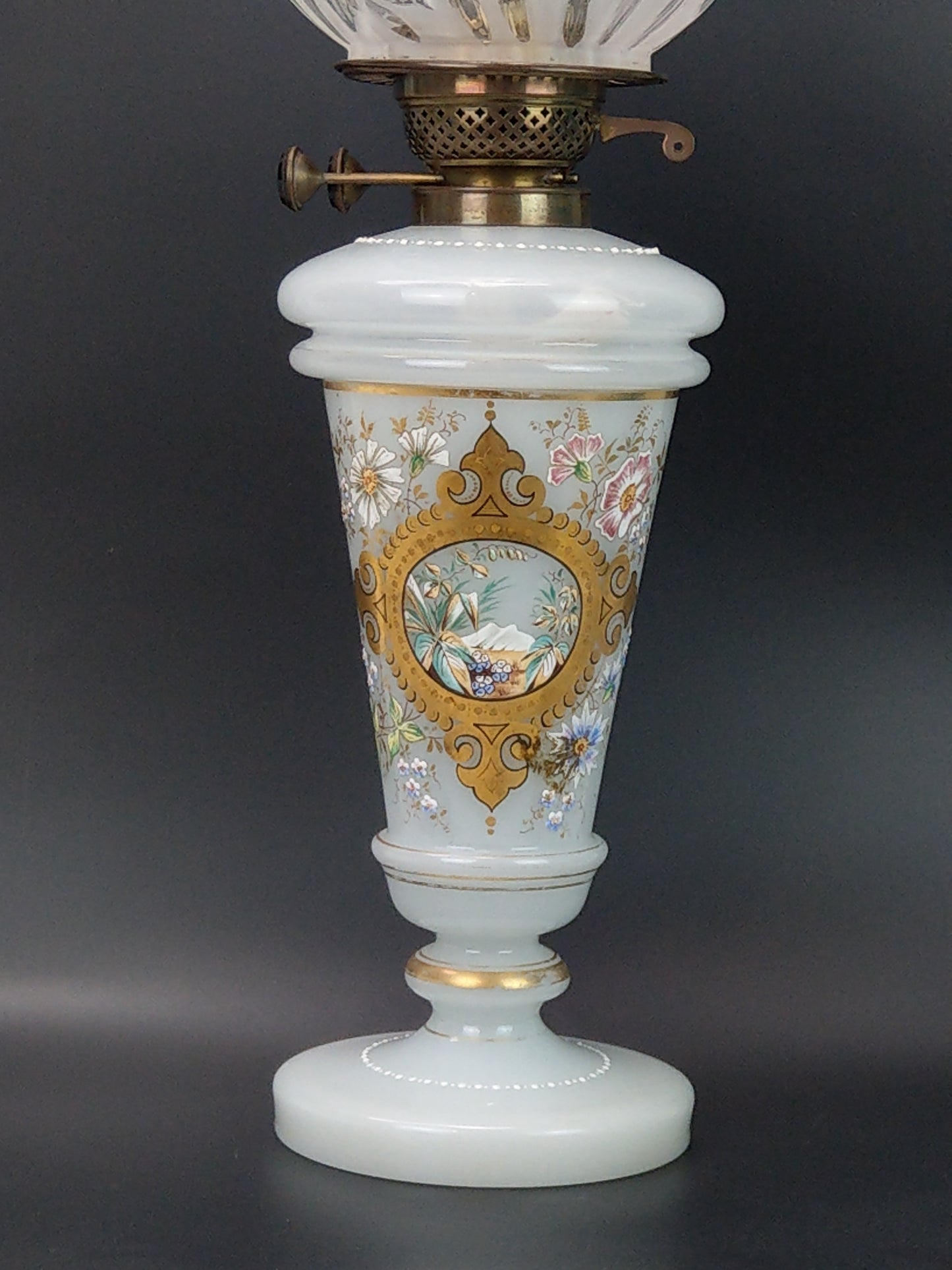 Large Opaque milk glass Oil Lamp enamel decorated with frosted glass lampshade