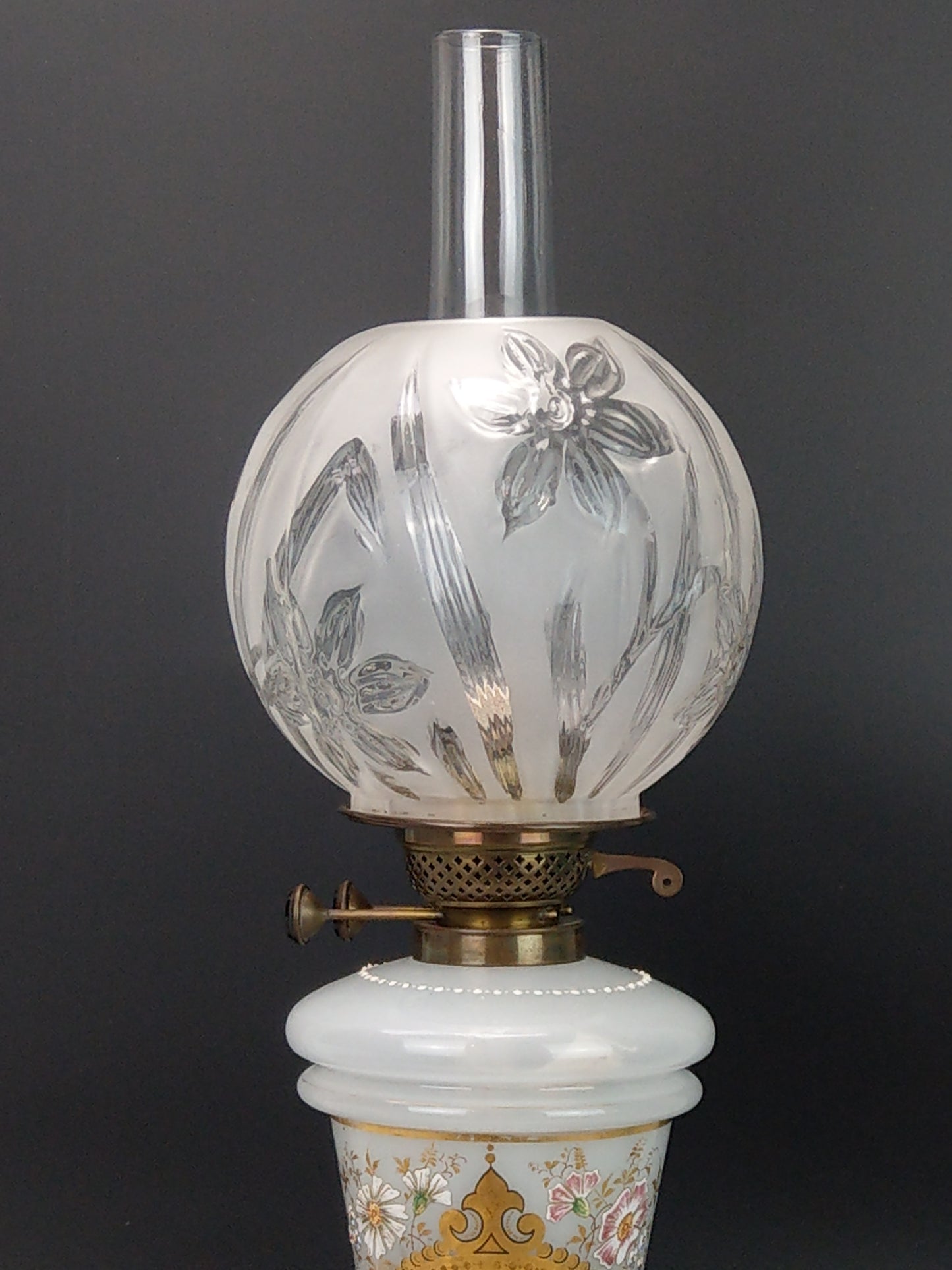 Large Opaque milk glass Oil Lamp enamel decorated with frosted glass lampshade