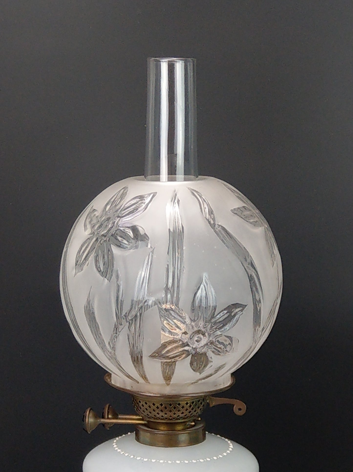 Large Opaque milk glass Oil Lamp enamel decorated with frosted glass lampshade