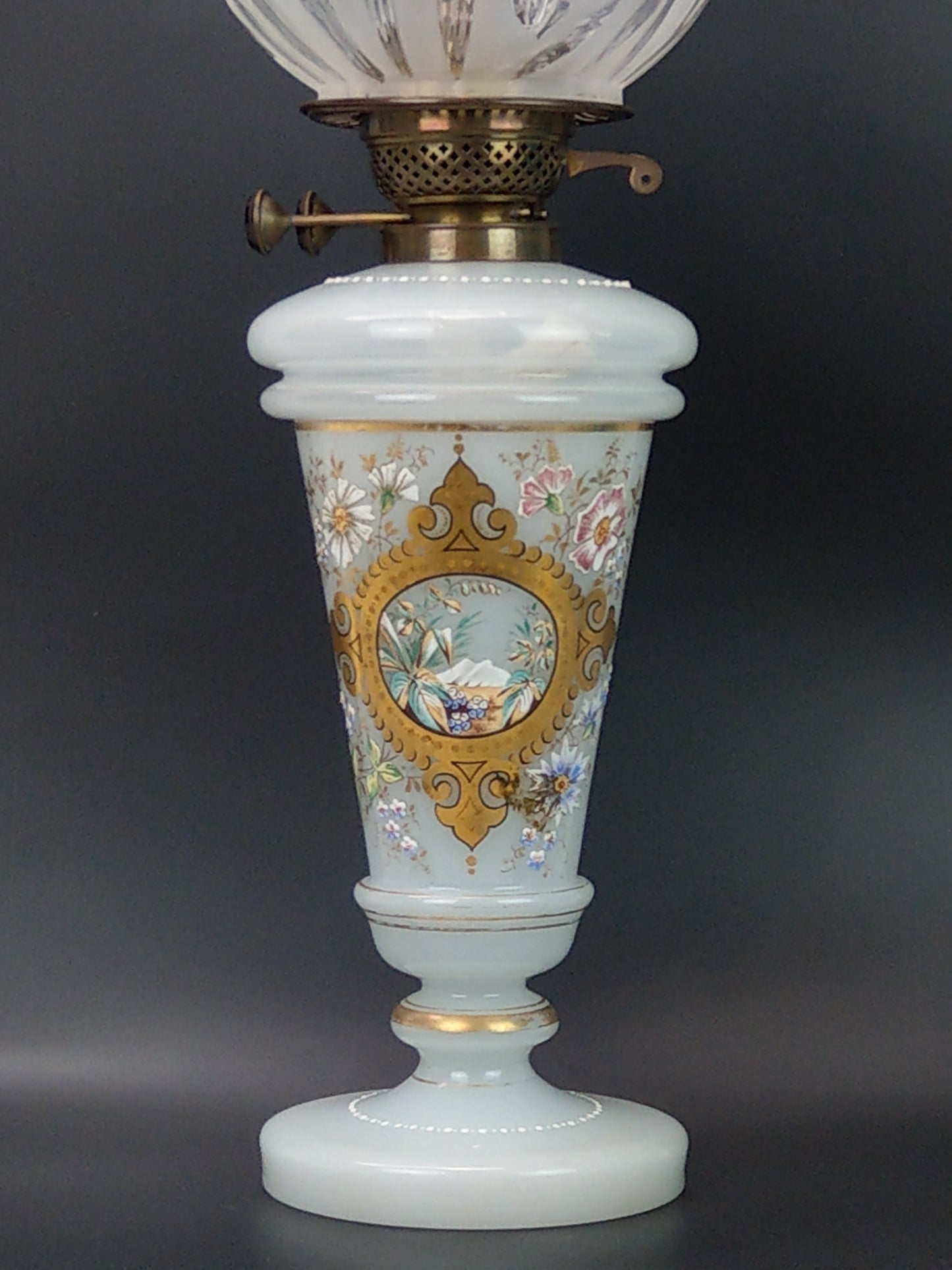 Large Opaque milk glass Oil Lamp enamel decorated with frosted glass lampshade