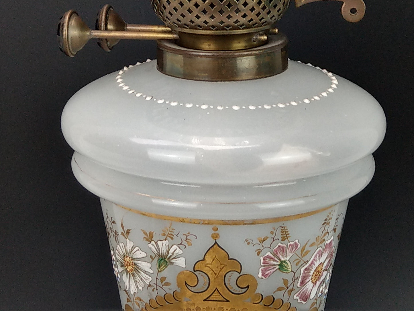 Large Opaque milk glass Oil Lamp enamel decorated with frosted glass lampshade