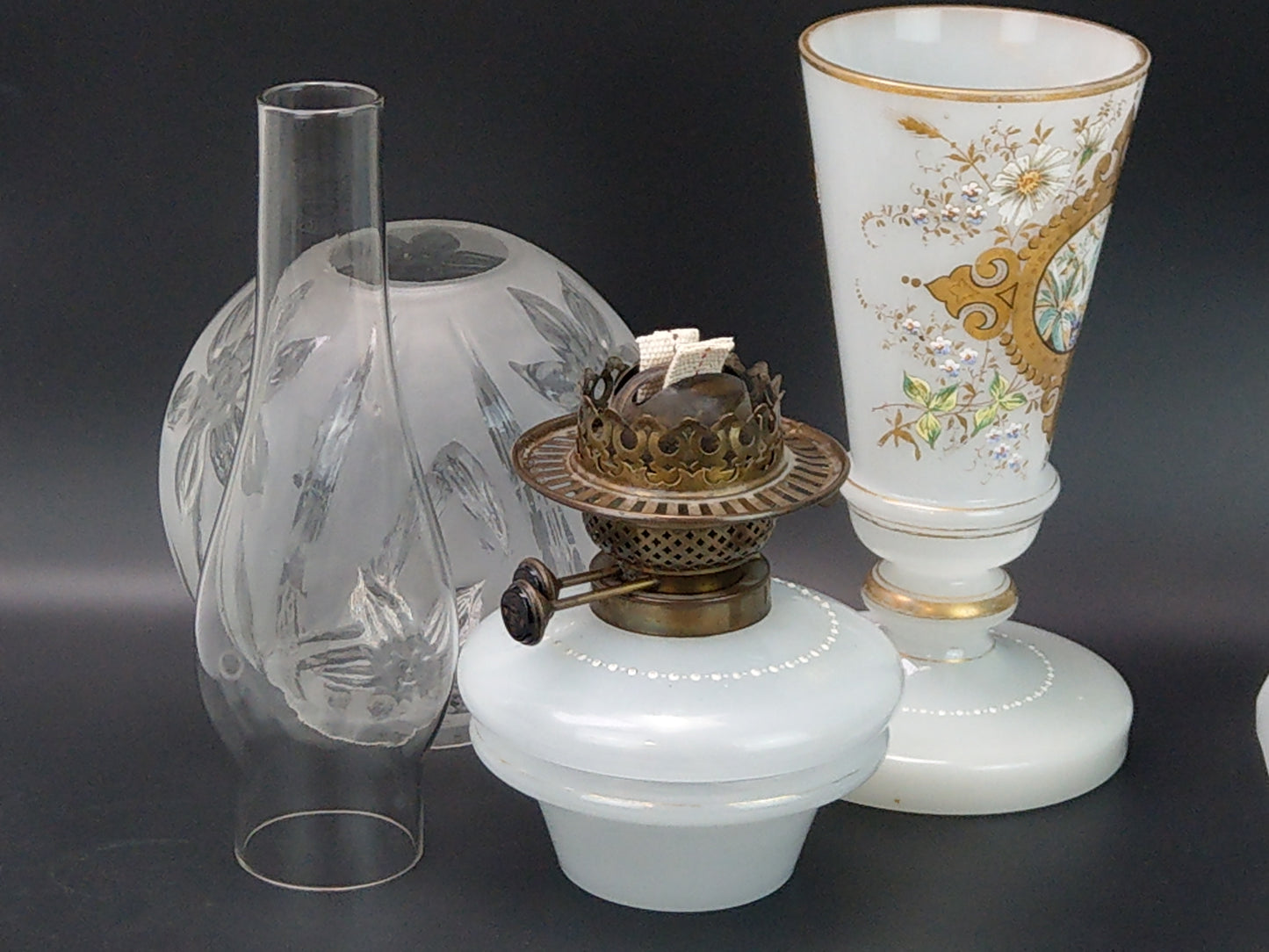 Large Opaque milk glass Oil Lamp enamel decorated with frosted glass lampshade