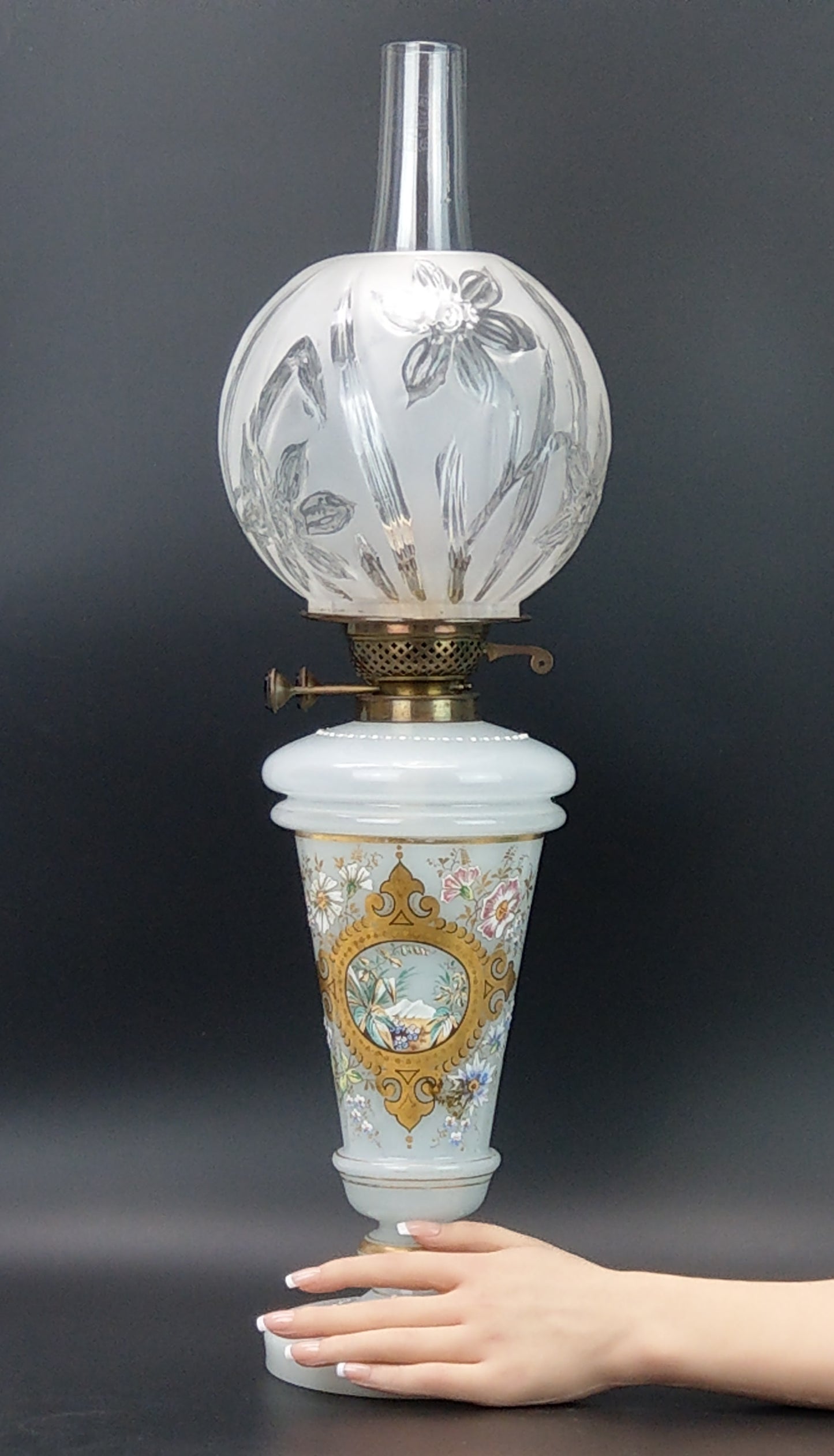 Large Opaque milk glass Oil Lamp enamel decorated with frosted glass lampshade