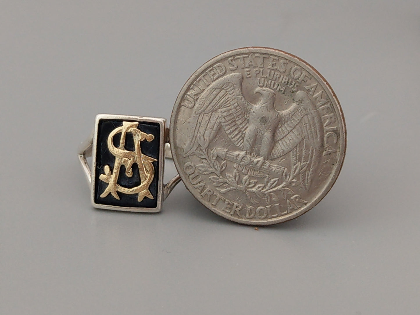 Ladies' Signet Ring with Black Onyx and Gold Initials AS