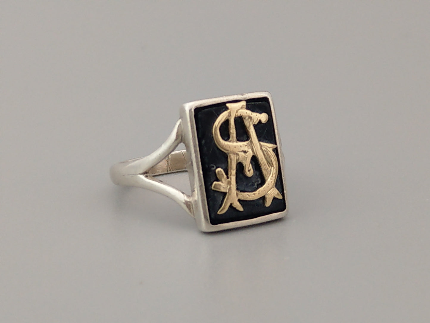 Ladies' Signet Ring with Black Onyx and Gold Initials AS