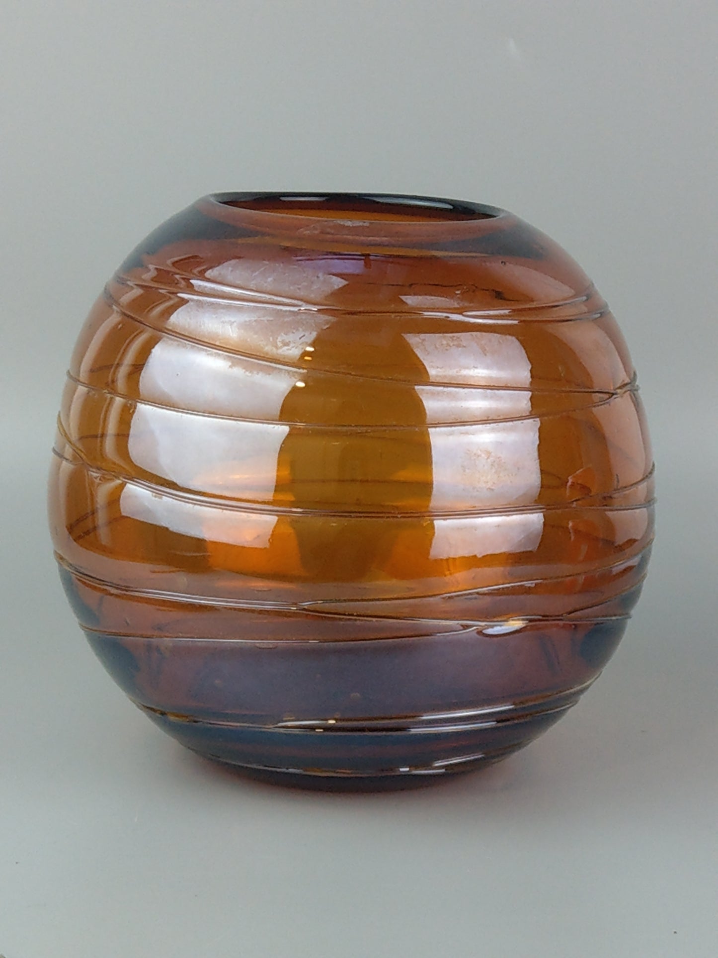 Vintage Spherical Vase Amber Glass with clear Swirl applied