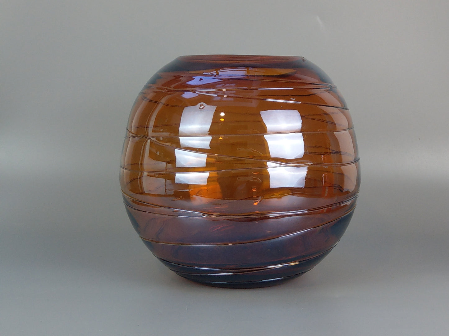 Vintage Spherical Vase Amber Glass with clear Swirl applied