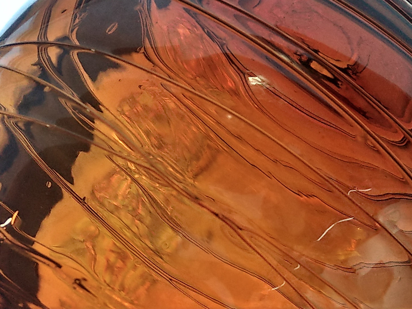 Vintage Spherical Vase Amber Glass with clear Swirl applied