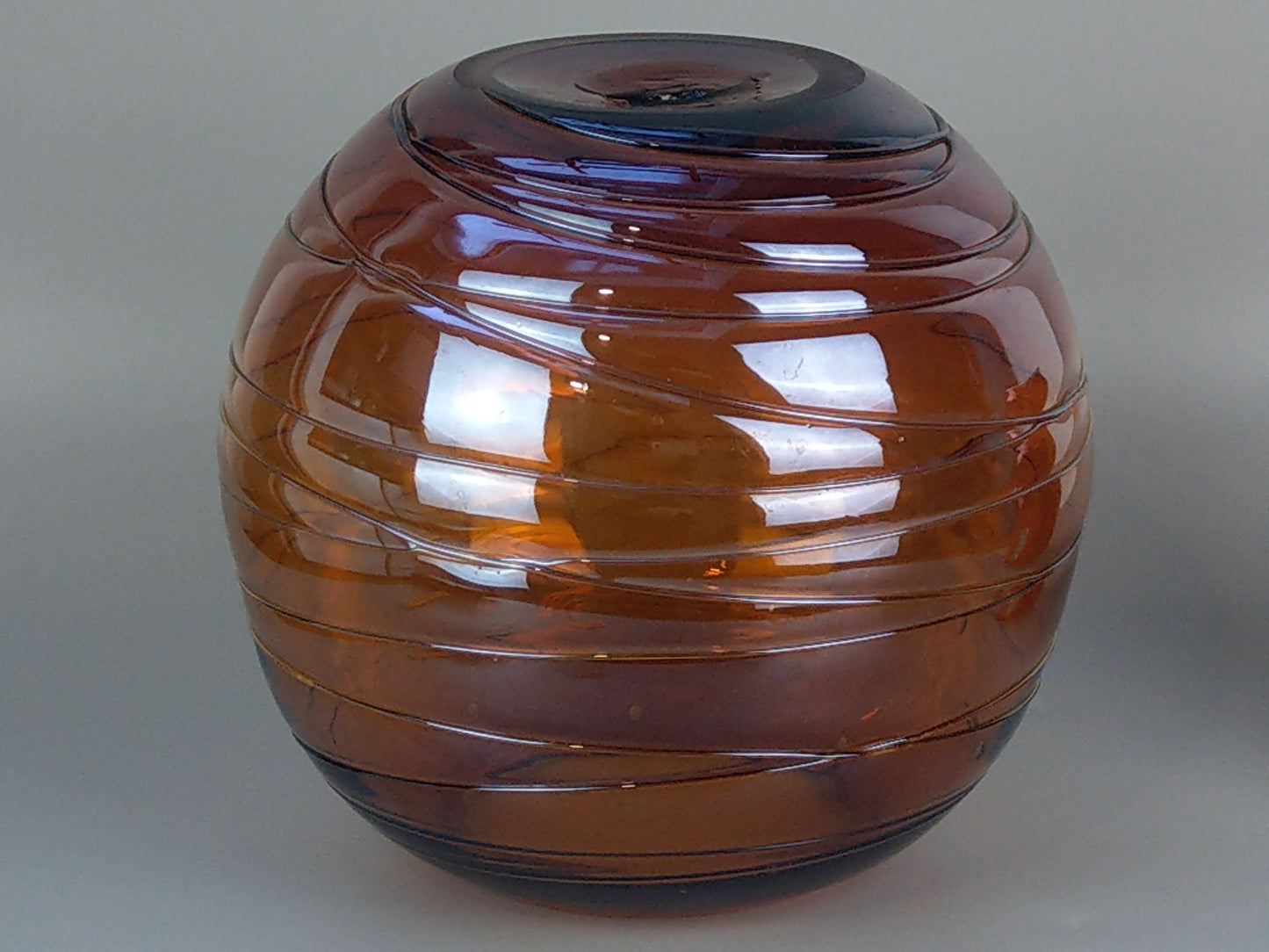 Vintage Spherical Vase Amber Glass with clear Swirl applied