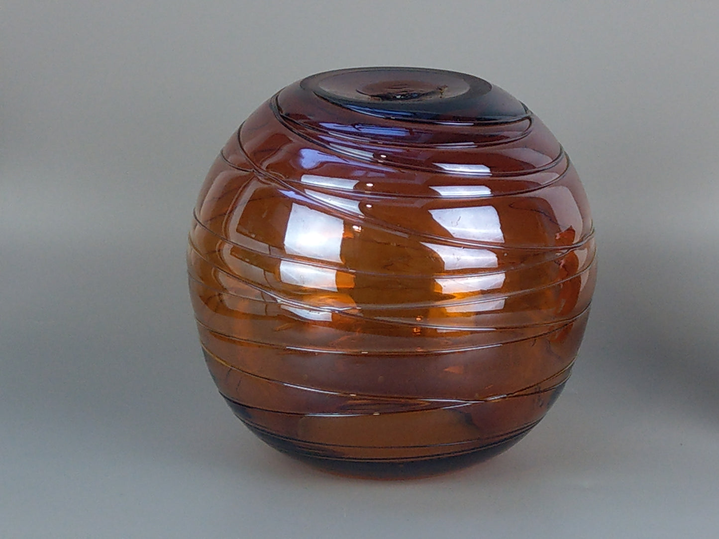 Vintage Spherical Vase Amber Glass with clear Swirl applied