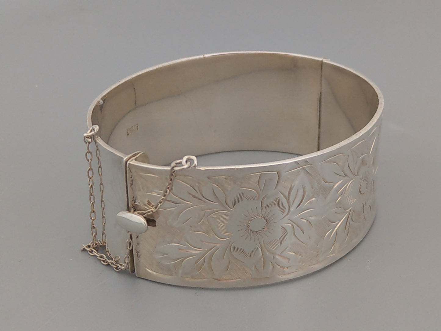 Sterling Silver Thick Bangle with etched flowers by Bracelon 60s