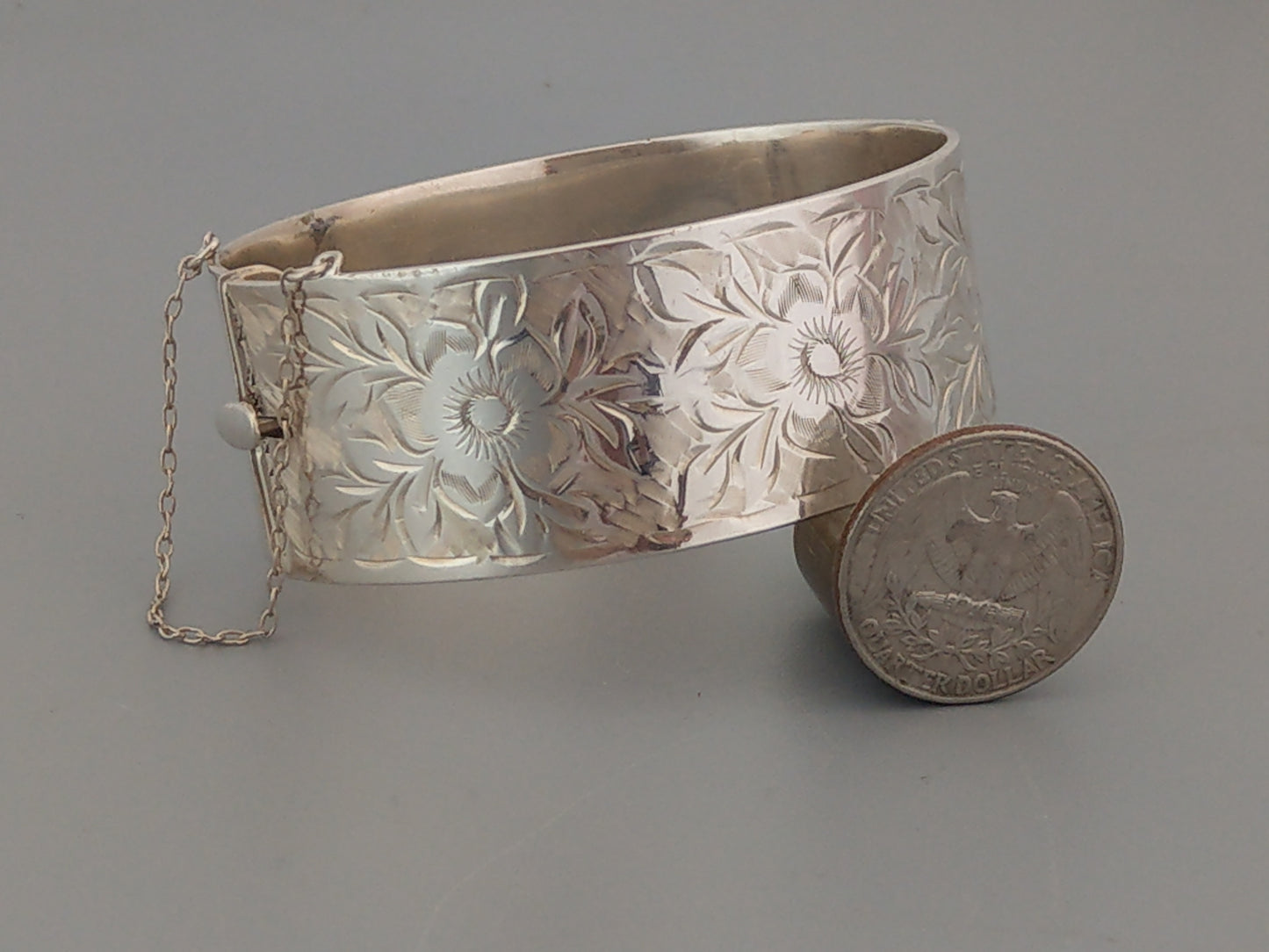 Sterling Silver Thick Bangle with etched flowers by Bracelon 60s