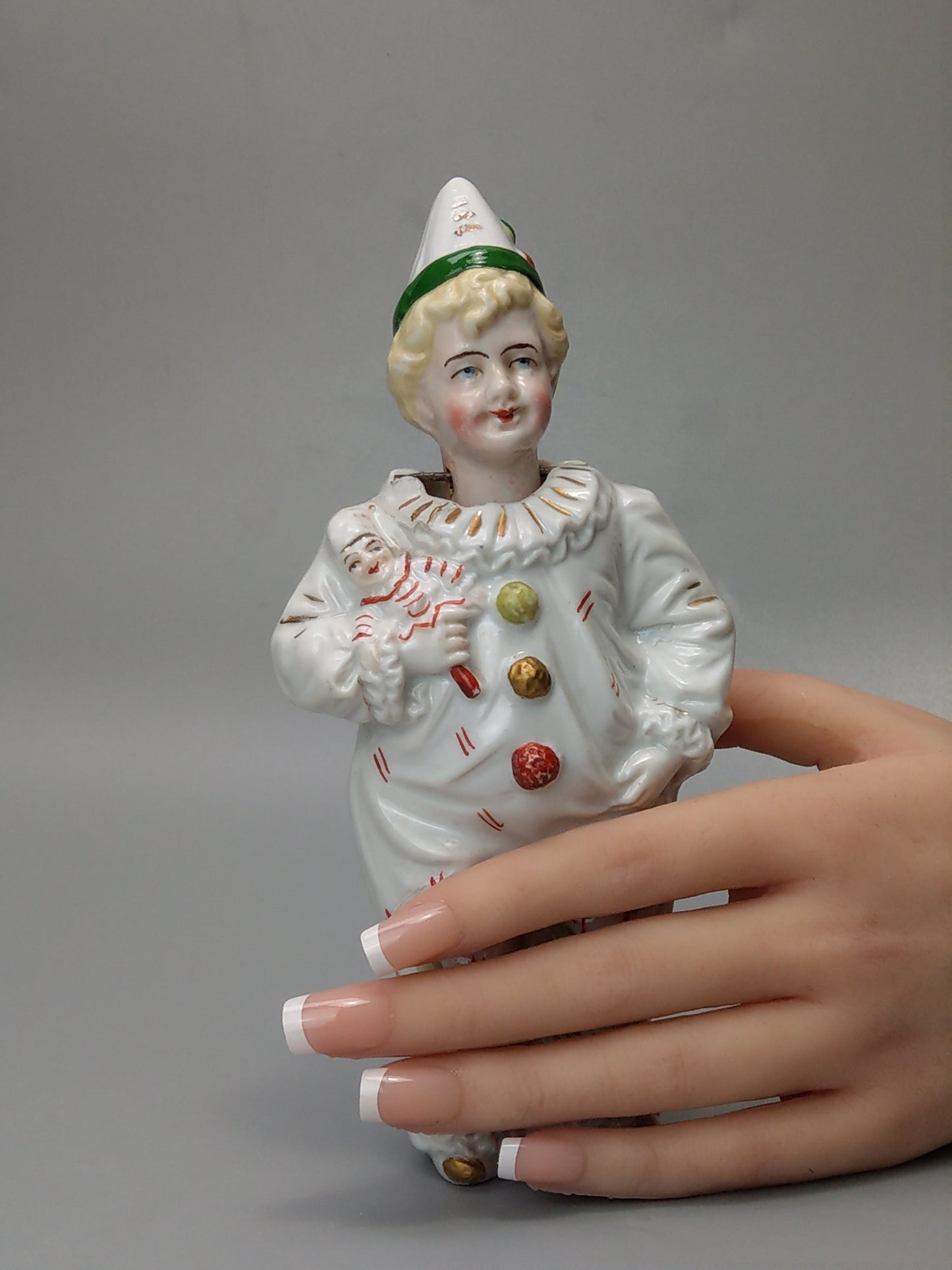 Nodding Head Figurine Boy in Harlequin Costume German Bisque Porcelain