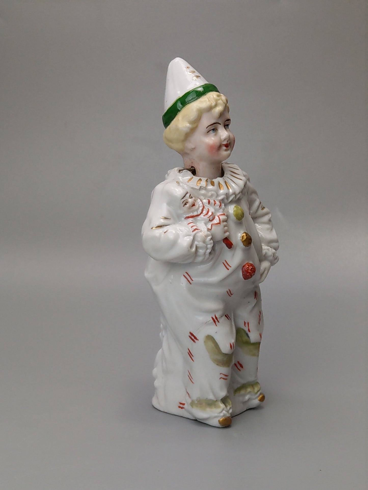 Nodding Head Figurine Boy in Harlequin Costume German Bisque Porcelain