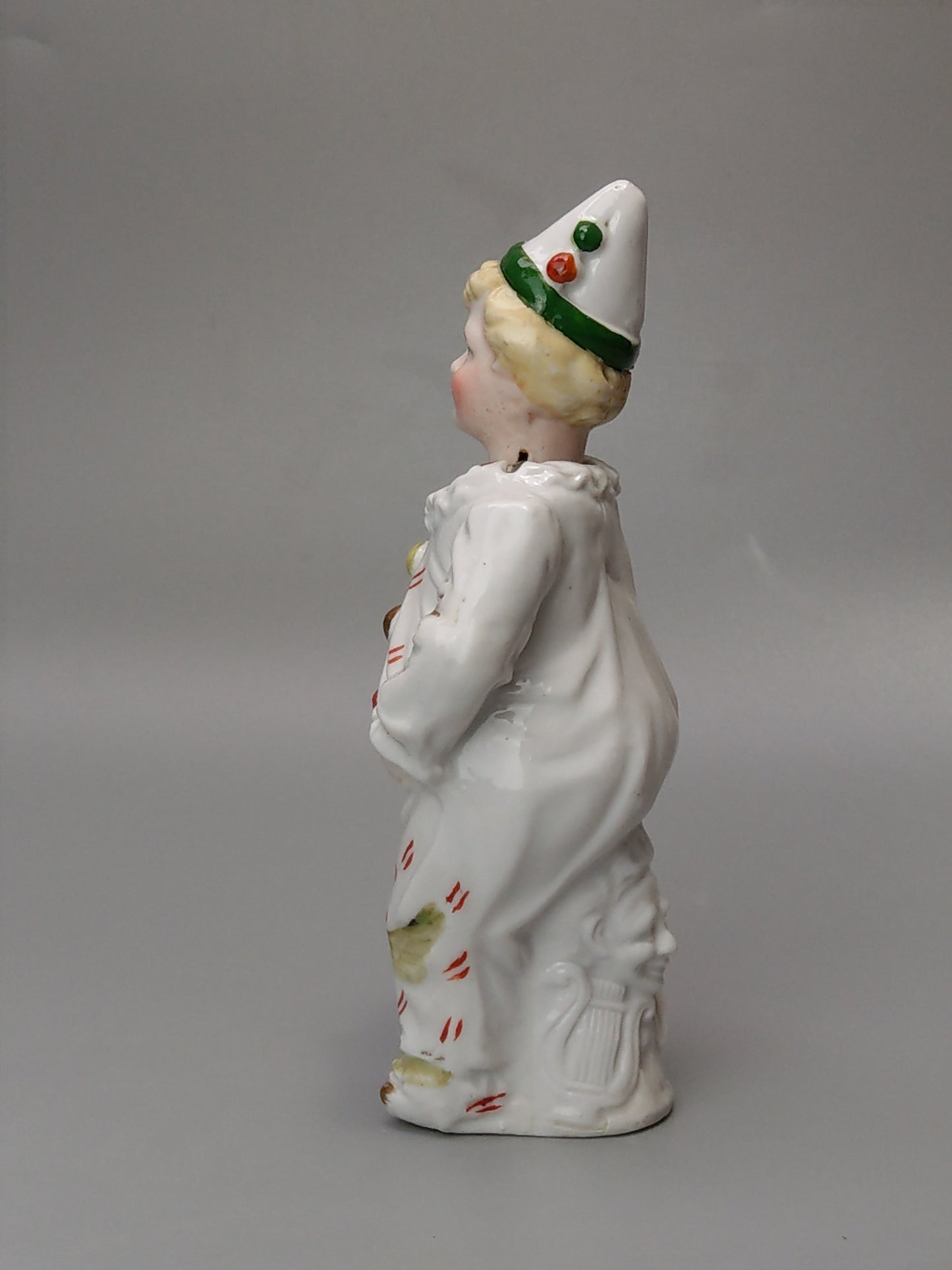 Nodding Head Figurine Boy in Harlequin Costume German Bisque Porcelain