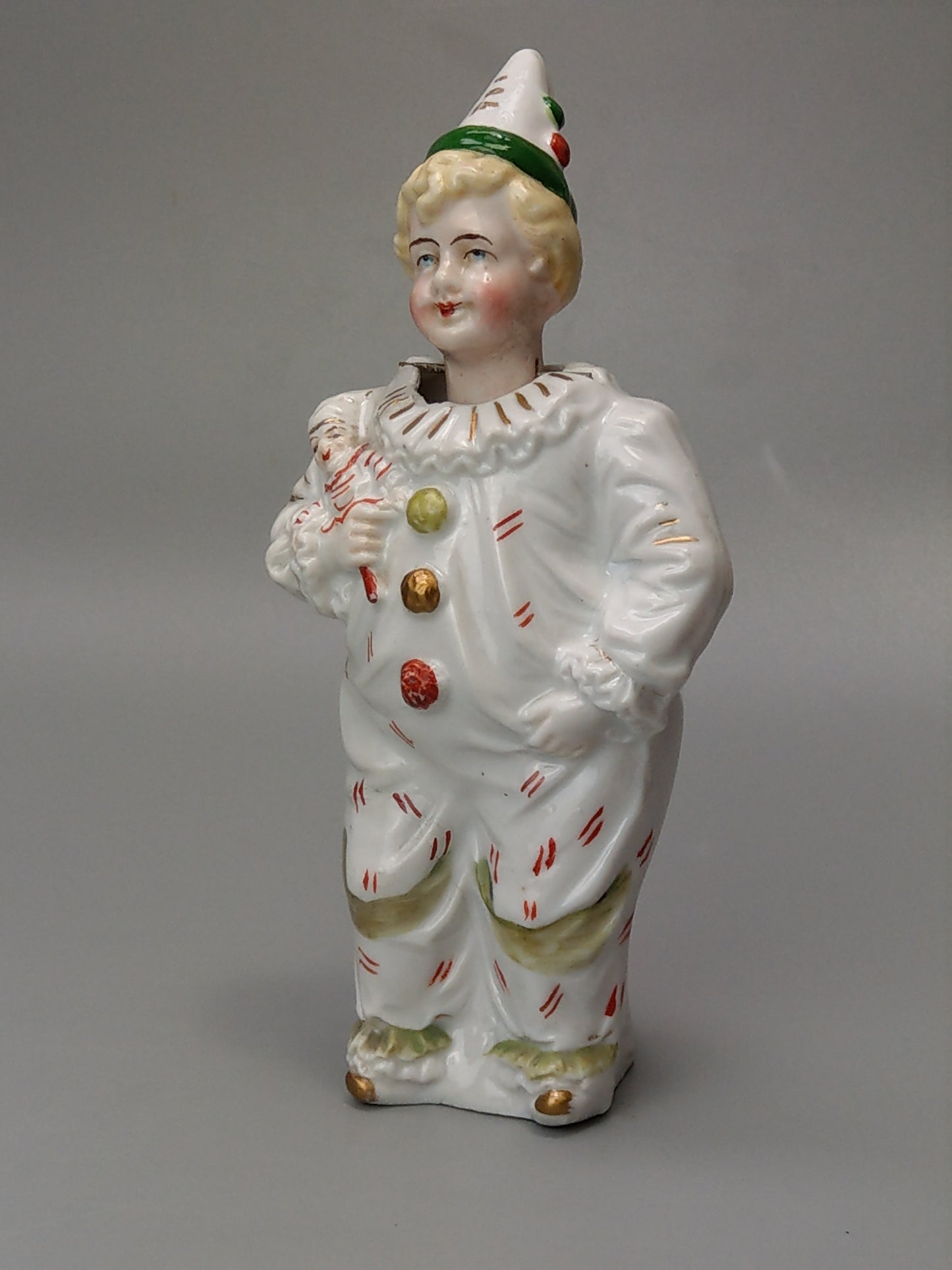 Nodding Head Figurine Boy in Harlequin Costume German Bisque Porcelain