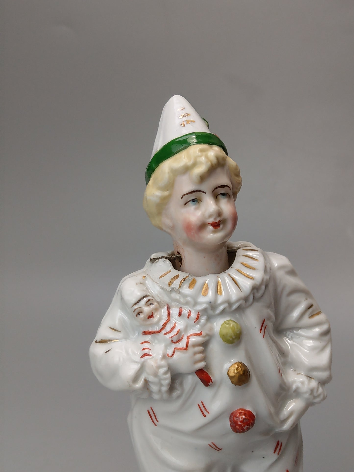 Nodding Head Figurine Boy in Harlequin Costume German Bisque Porcelain